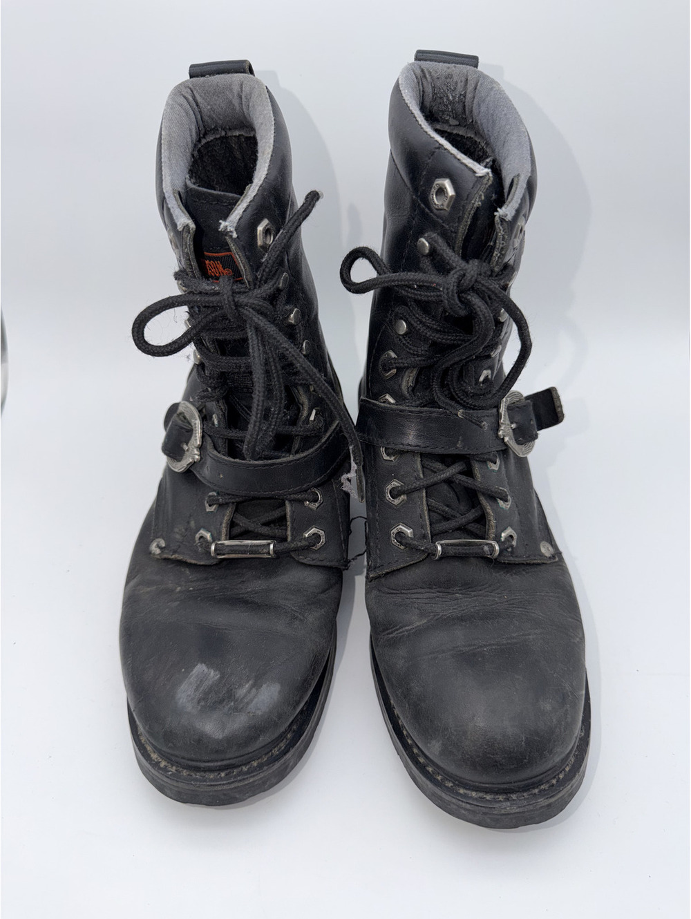 Harley-Davidson Black Leather Lace-Up Motorcycle Boots with Buckle Strap, US 8